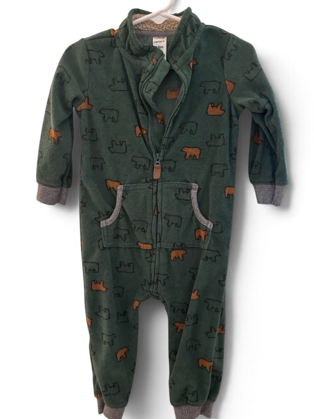 🎉 (18m) Carter's Green Bear-Print Zip Fleece One-Piece